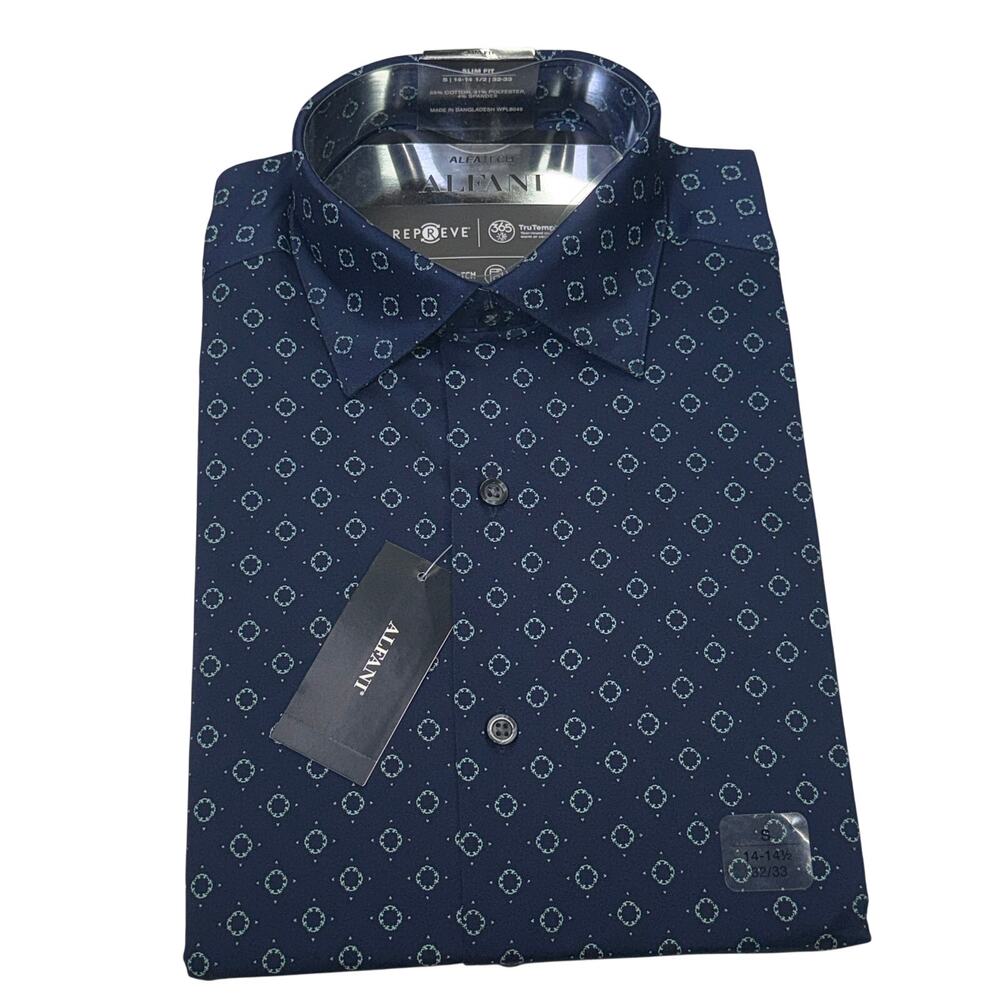 Alfani Men's Slim-Fit stretch Medallion Dress Shirt blue/green 14-14.5 32-33